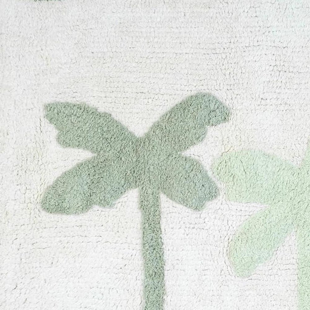 32" Green And White Cotton Palm Trees Bath Rug. Bath rug isolated on a plain white background, showing a white cotton surface.
