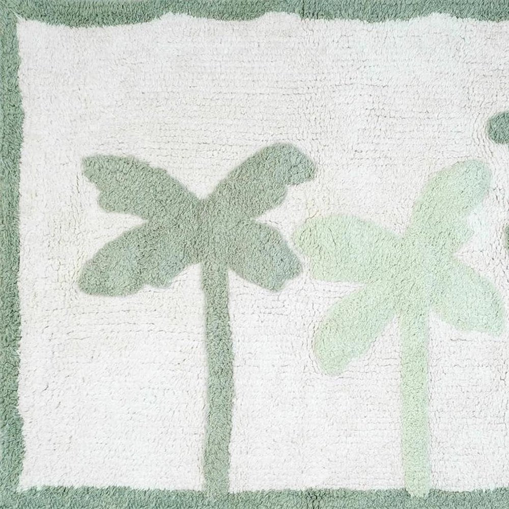 32" Green And White Cotton Palm Trees Bath Rug. Bath rug isolated on a plain white background, in a white cotton finish.