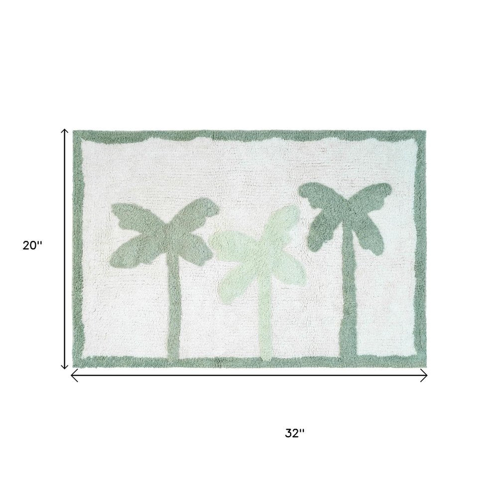 32" Green And White Cotton Palm Trees Bath Rug. Bath rug isolated on a plain white background, showing a white cotton surface.