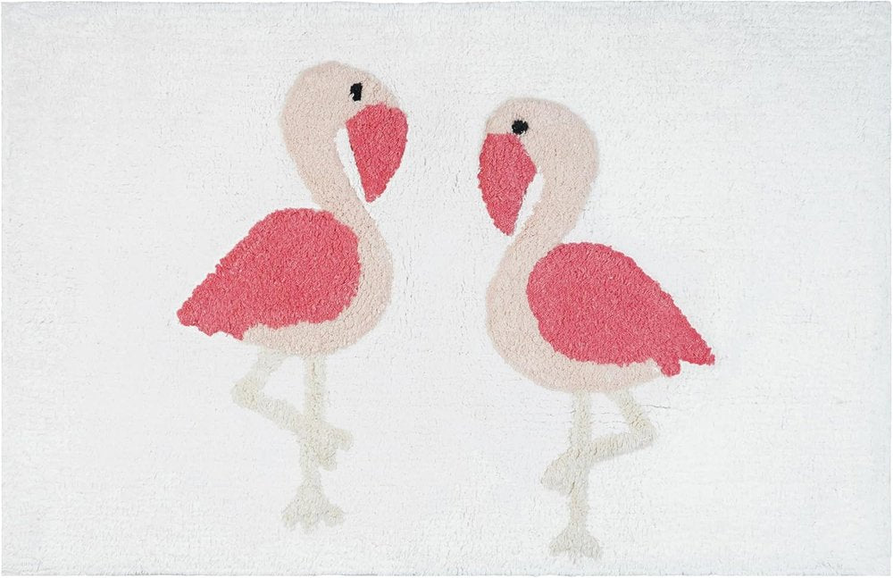 32" Pink And White Cotton Flamingo Bath Rug. Bath rug isolated on a plain white background, in a white cotton finish.
