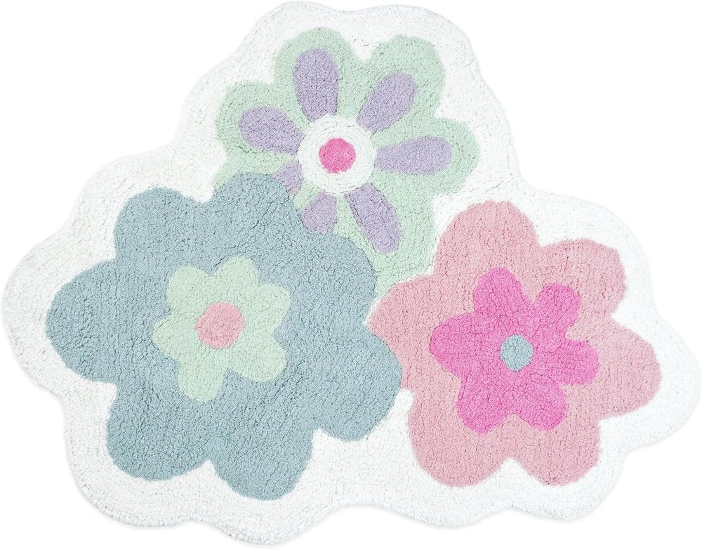 32" Pink And White Cotton Flowers Floral Bath Rug. Bath rug isolated on a plain white background, finished in white cotton.