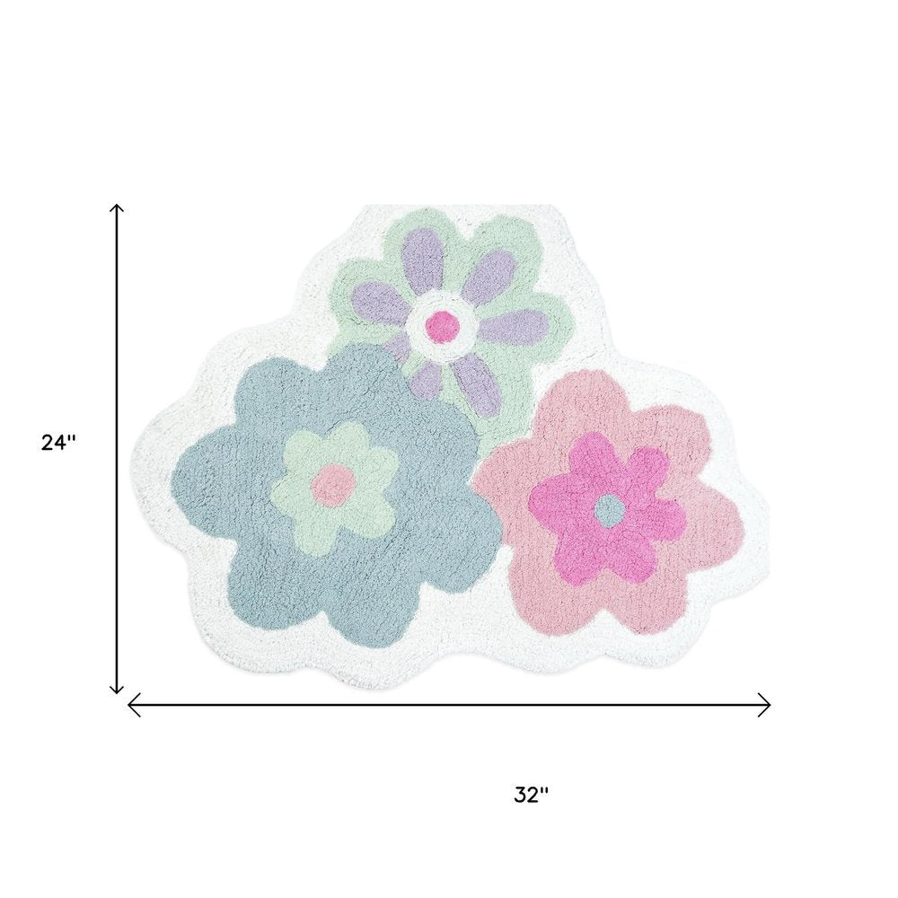 32" Pink And White Cotton Flowers Floral Bath Rug. Bath rug isolated on a plain white background, in a pink cotton finish.