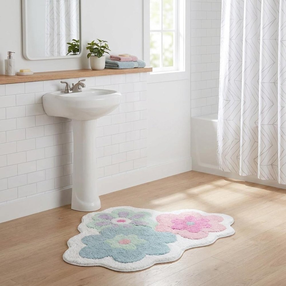 32" Pink And White Cotton Flowers Floral Bath Rug shown as a full-frame view of the off-white and light gray surface.
