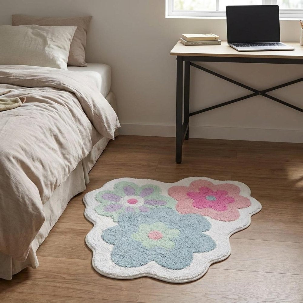 32" Pink And White Cotton Flowers Floral Bath Rug laid on a dark wood floor in a furnished interior.