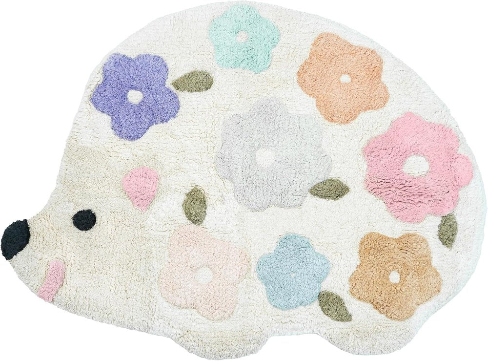 32" White Blue And Pink Cotton Hedgehog Floral Print Bath Rug. Bath rug isolated on a plain white background, finished in white cotton.