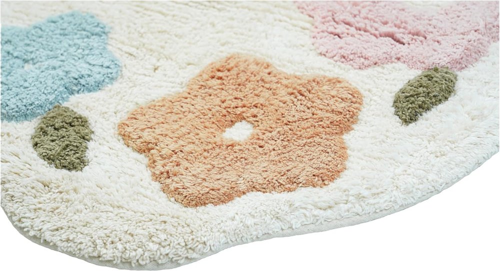 32" White Blue And Pink Cotton Hedgehog Floral Print Bath Rug detail shot of the white cotton finish.