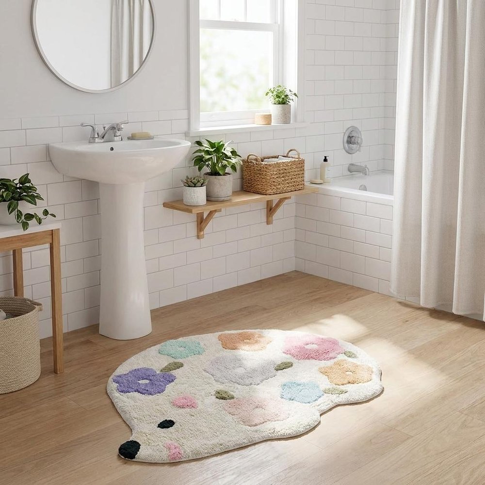 32" White Blue And Pink Cotton Hedgehog Floral Print Bath Rug laid on a wood floor in a furnished interior.