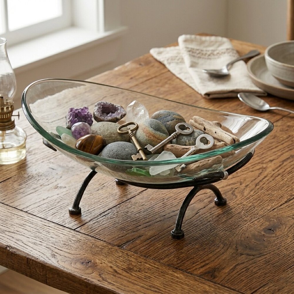 17" Clear And Black Glass And Metal Oval Decorative Bowl With Stand styled in a furnished interior with a tan wall on a dark wood floor.