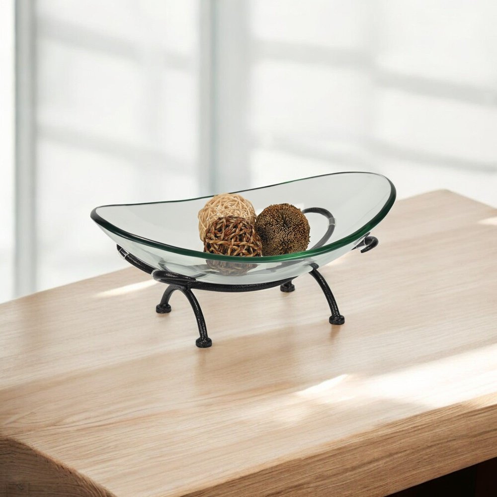 17" Clear And Black Glass And Metal Oval Decorative Bowl With Stand.