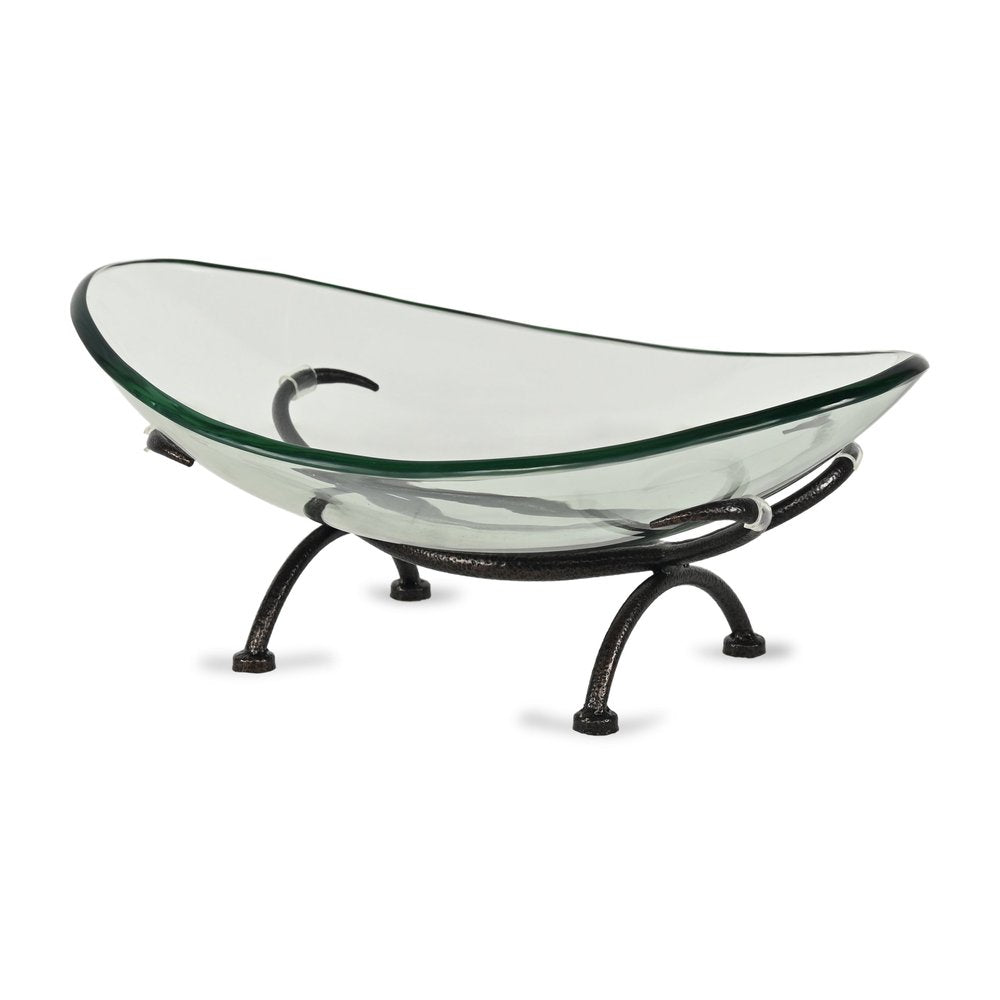 17" Clear And Black Glass And Metal Oval Decorative Bowl With Stand. Home product isolated on a plain white background, in a clear glass finish.