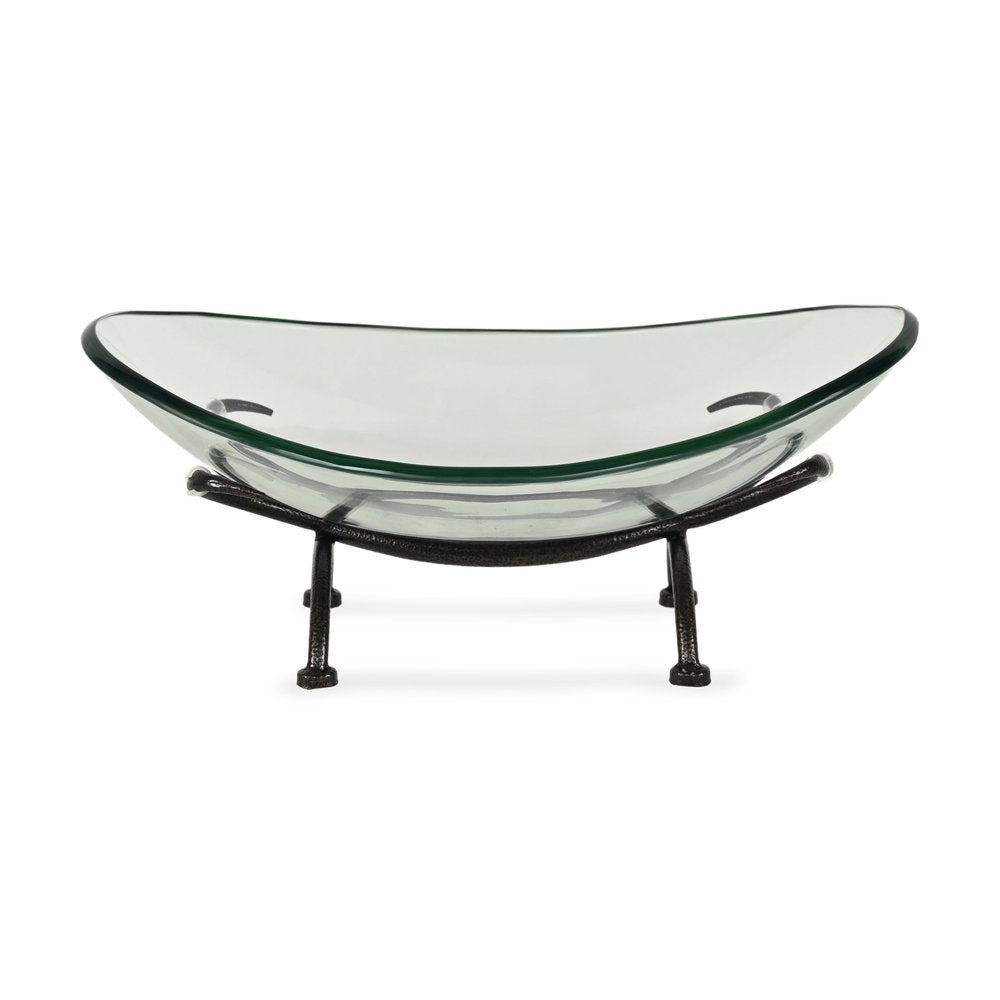 17" Clear And Black Glass And Metal Oval Decorative Bowl With Stand. Home product isolated on a plain white background, finished in clear glass.
