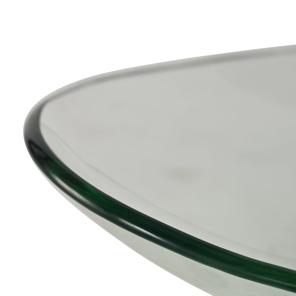 17" Clear And Black Glass And Metal Oval Decorative Bowl With Stand. Home product isolated on a plain white background, showing a clear glass surface.