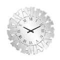 27" Silver Mirrored Glass Silent Analog Sunburst Wall Clock. Wall clock isolated on a plain white background, in a silver glass finish.