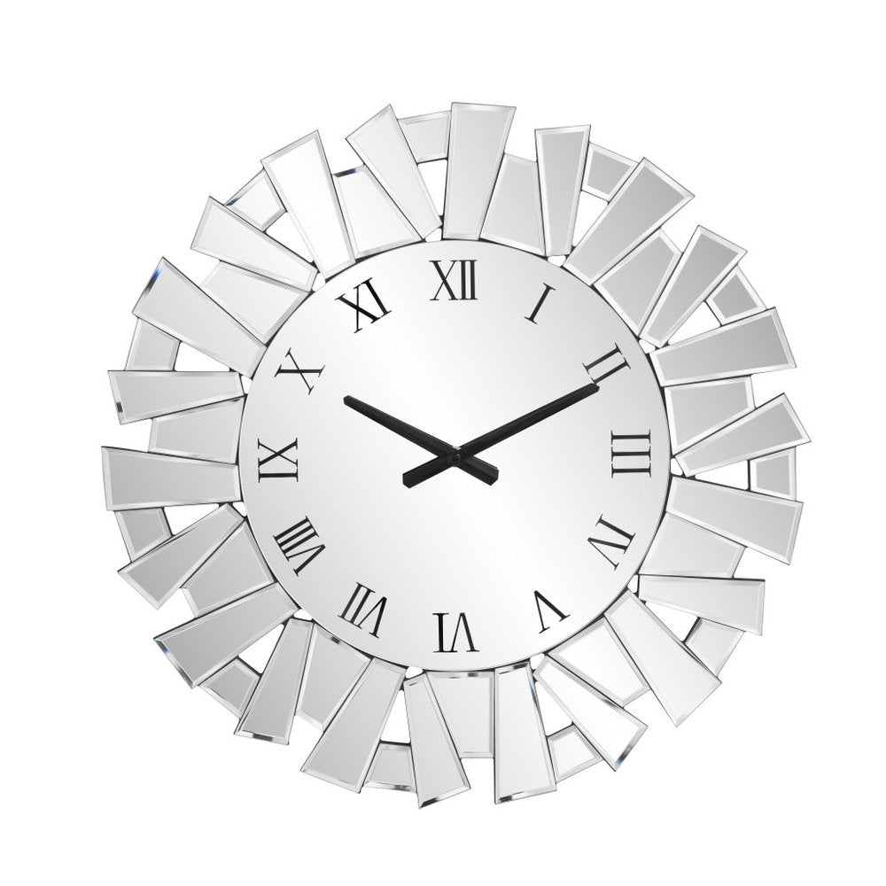 27" Silver Mirrored Glass Silent Analog Sunburst Wall Clock. Wall clock isolated on a plain white background, in a silver glass finish.