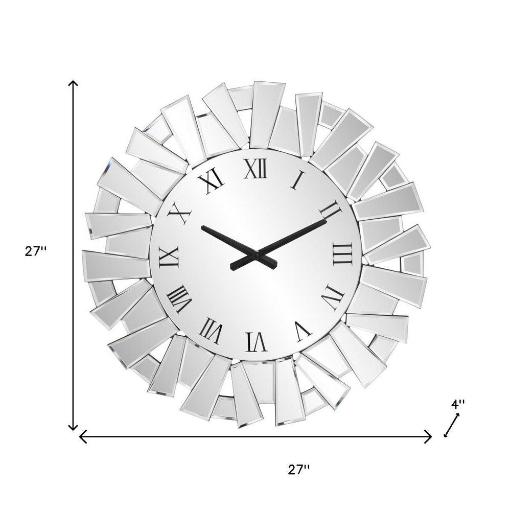 27" Silver Mirrored Glass Silent Analog Sunburst Wall Clock. Wall clock isolated on a plain white background, finished in silver glass.