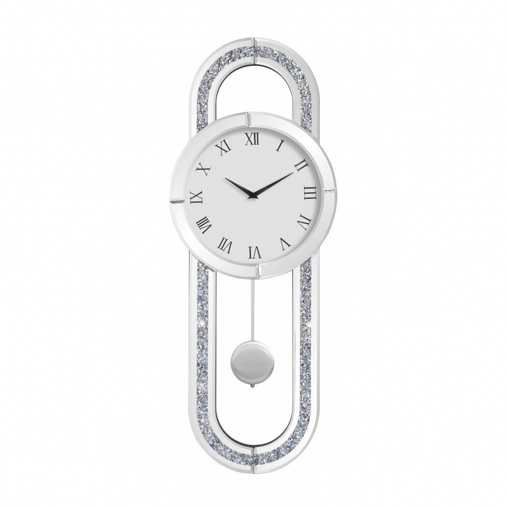 15" Silver Faux Crystal And Mirrored Glass Silent Analog Oval Wall Clock. Wall clock isolated on a plain white background, showing a silver glass surface.