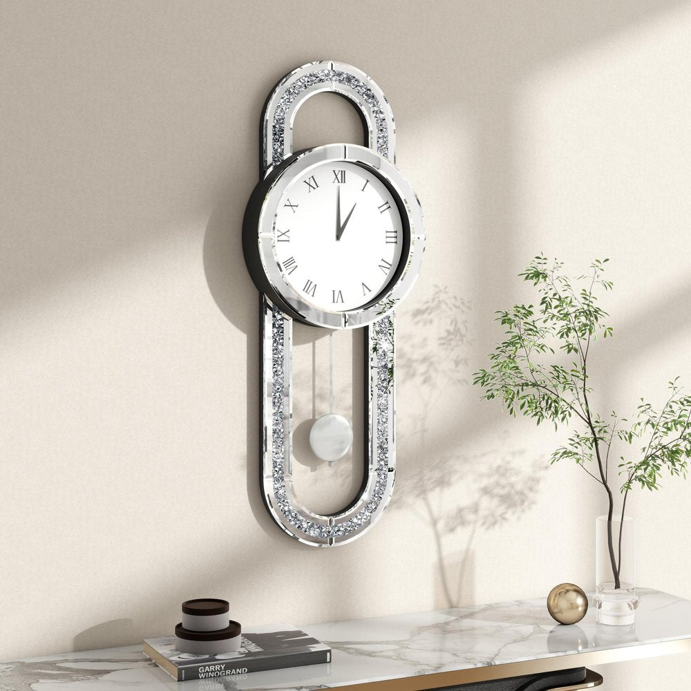 15" Silver Faux Crystal And Mirrored Glass Silent Analog Oval Wall Clock. Wall clock isolated on a plain white background, showing a glass surface.