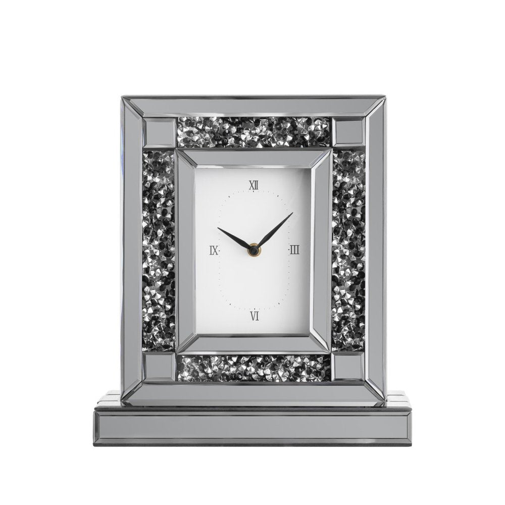 16" Silver And Black Faux Crystal And Mirrored Glass Table Clock. Wall clock isolated on a plain white background, in a silver glass finish.