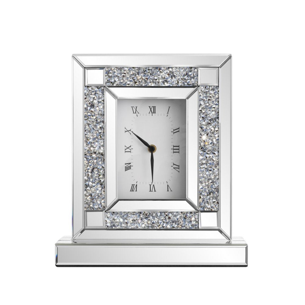 16" Silver And White Faux Crystal And Mirrored Glass Table Clock. Wall clock isolated on a plain white background, in a silver glass finish.