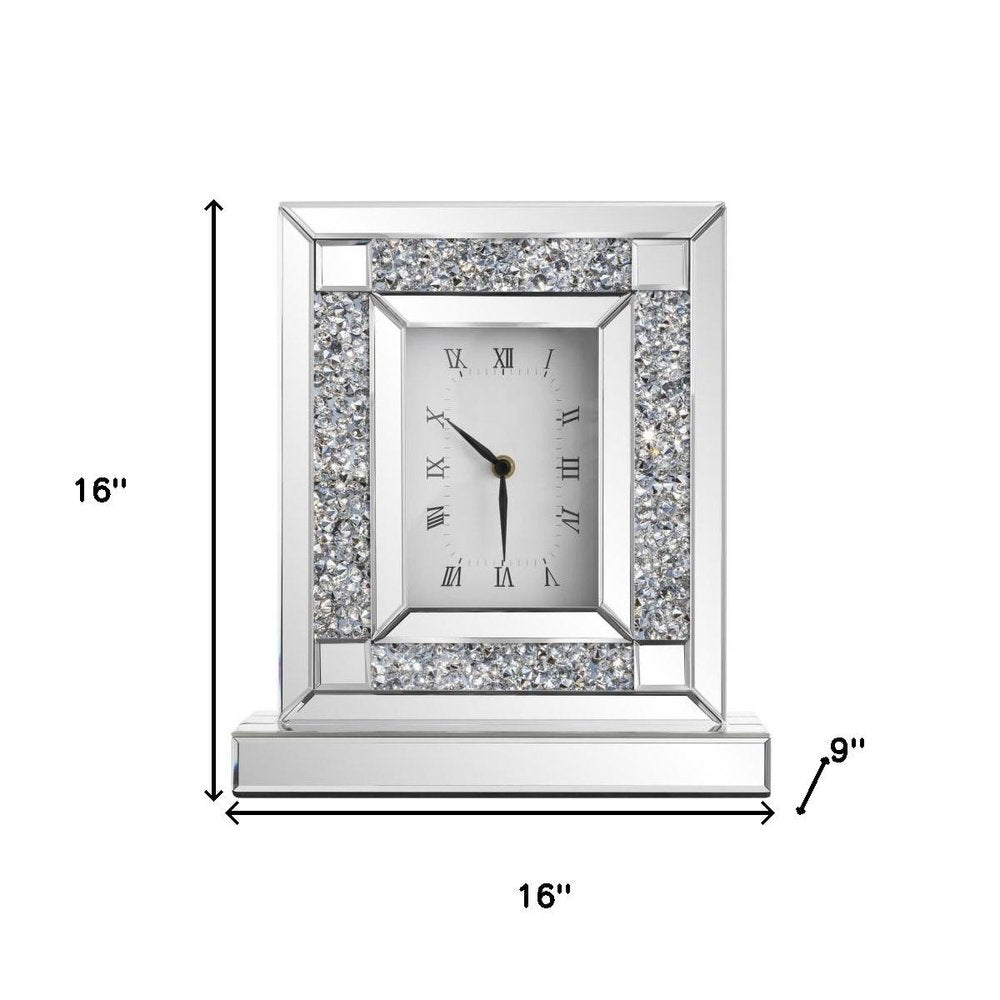 16" Silver And White Faux Crystal And Mirrored Glass Table Clock. Wall clock isolated on a plain white background, showing a silver glass surface.