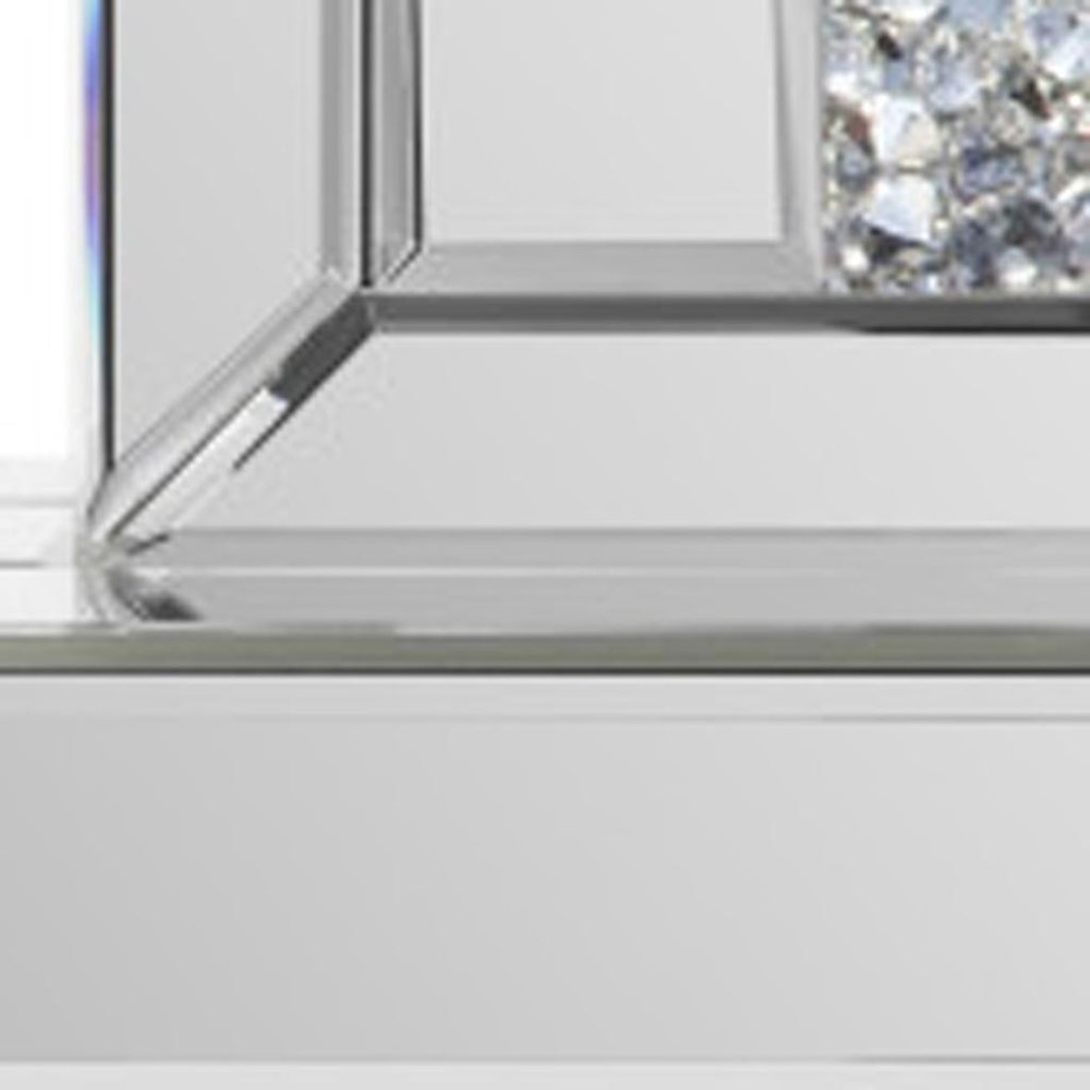 16" Silver And White Faux Crystal And Mirrored Glass Table Clock. Wall clock isolated on a plain white background, showing a silver glass surface.