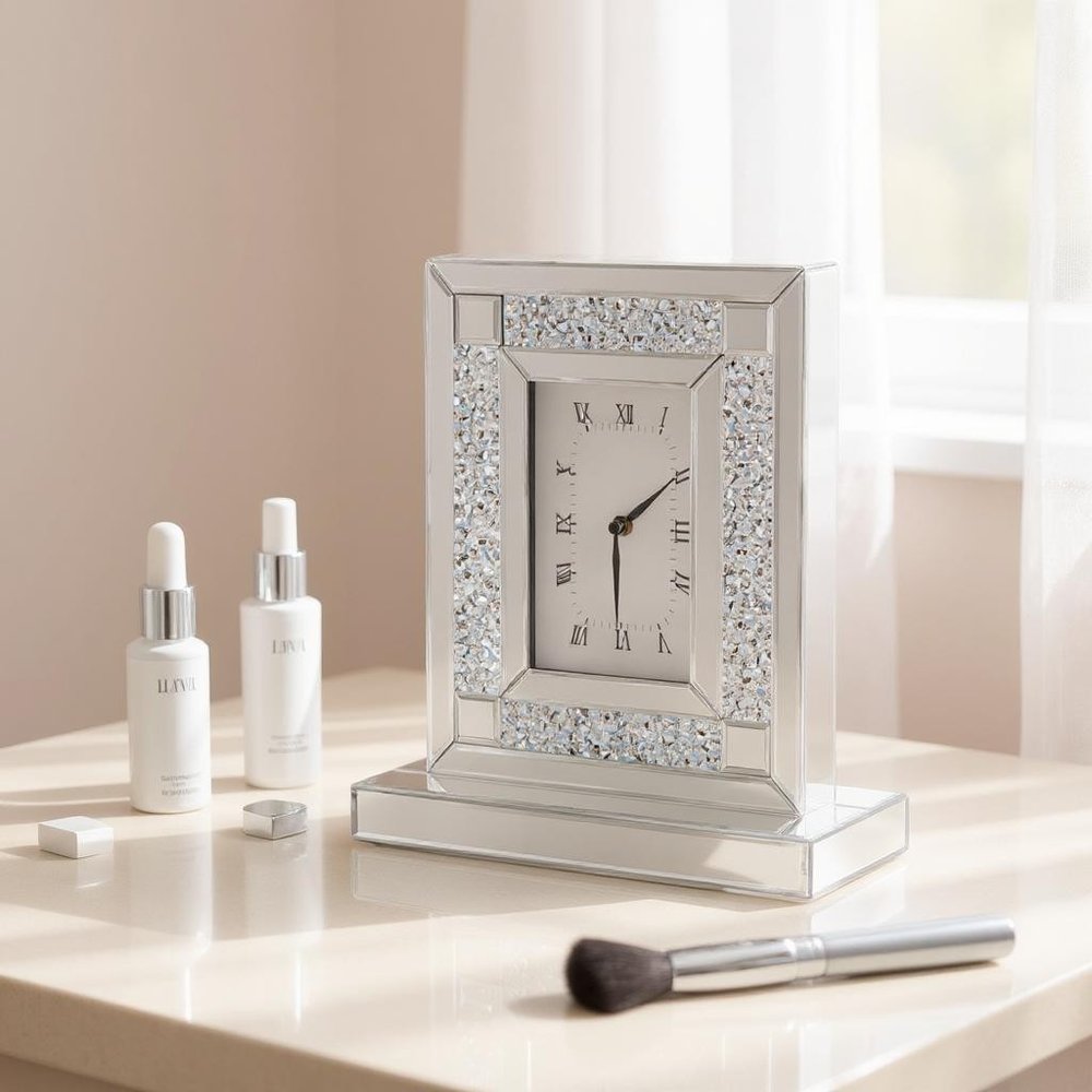 Cropped view of 16" Silver And White Faux Crystal And Mirrored Glass Table Clock focusing on the white glass surface.