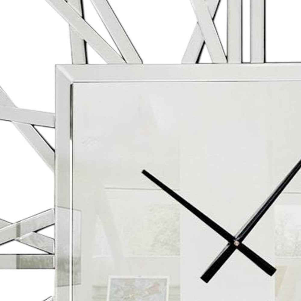 27" Silver Mirrored Glass Silent Analog Square Wall Clock. Wall clock isolated on a plain white background, showing a silver glass surface.