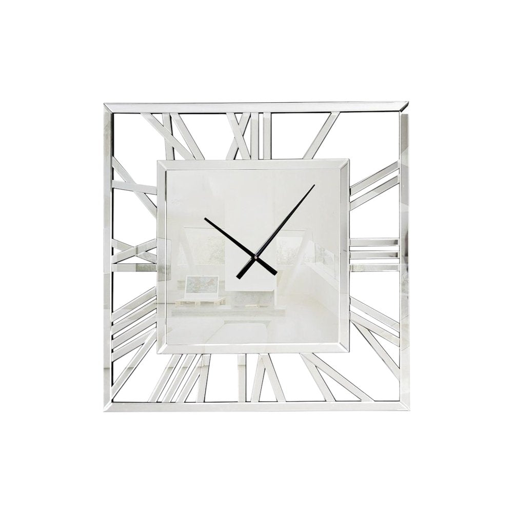 27" Silver Mirrored Glass Silent Analog Square Wall Clock. Wall clock isolated on a plain white background, in a silver glass finish.