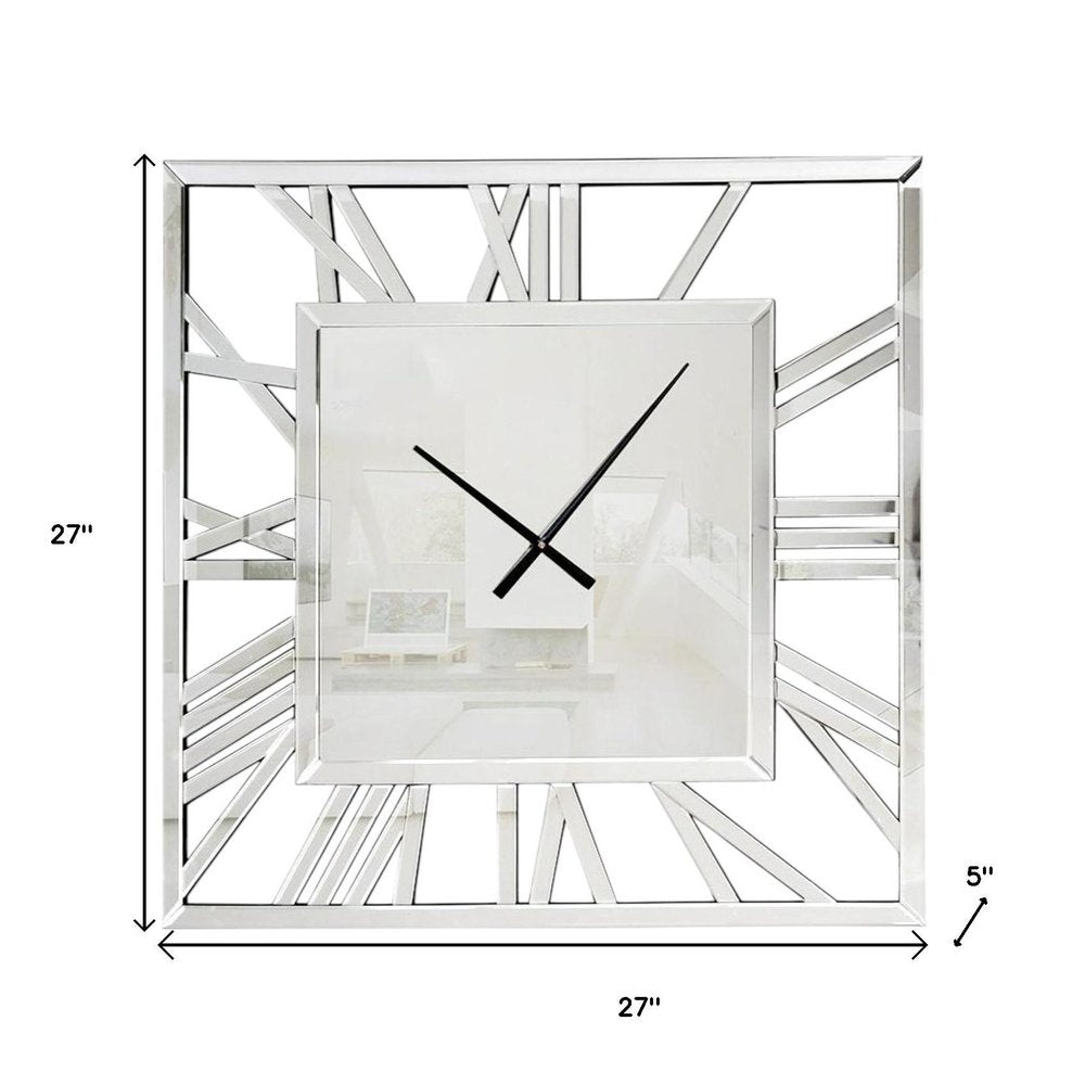 27" Silver Mirrored Glass Silent Analog Square Wall Clock. Wall clock isolated on a plain white background, in a silver glass finish.