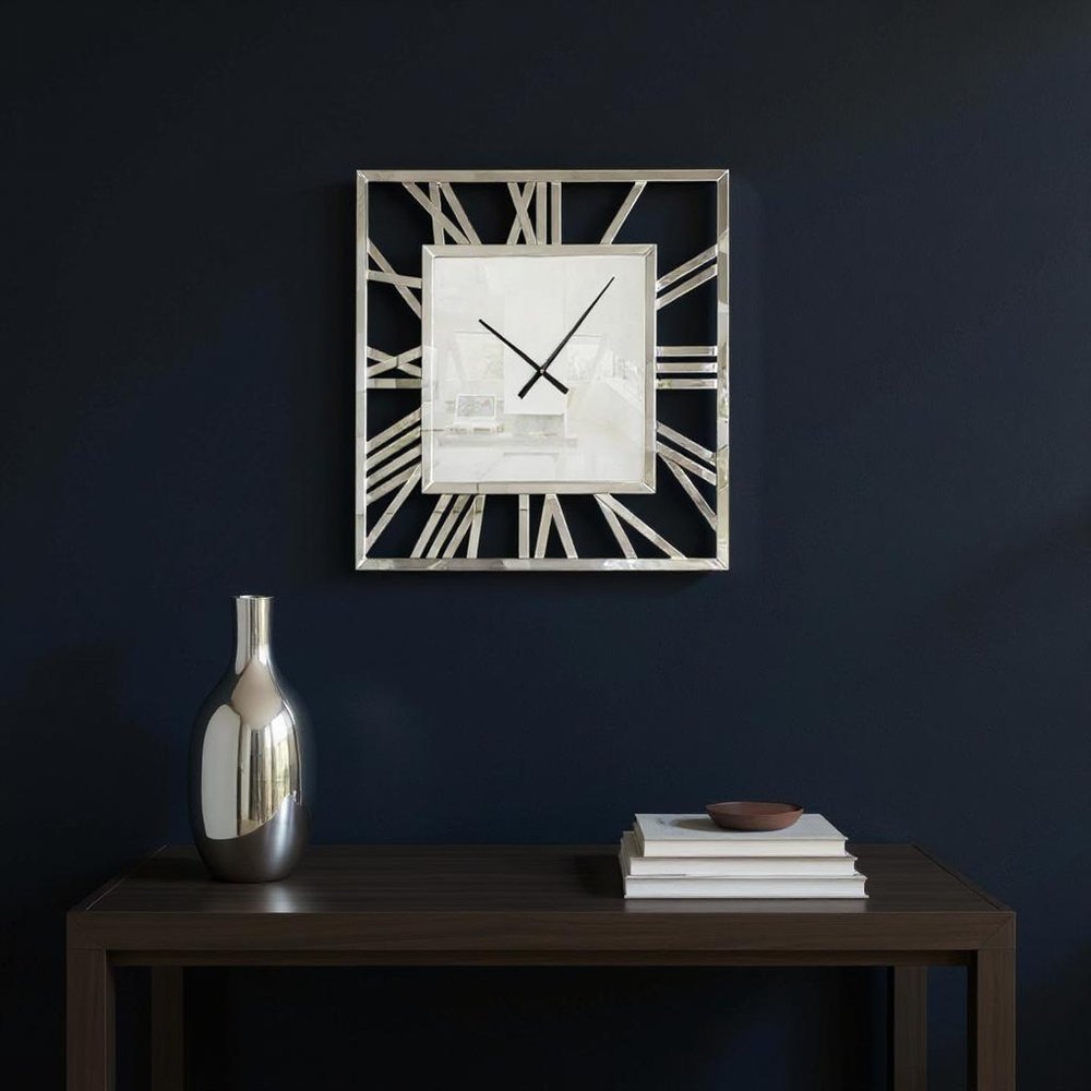 27" Silver Mirrored Glass Silent Analog Square Wall Clock photographed against a dark studio background.