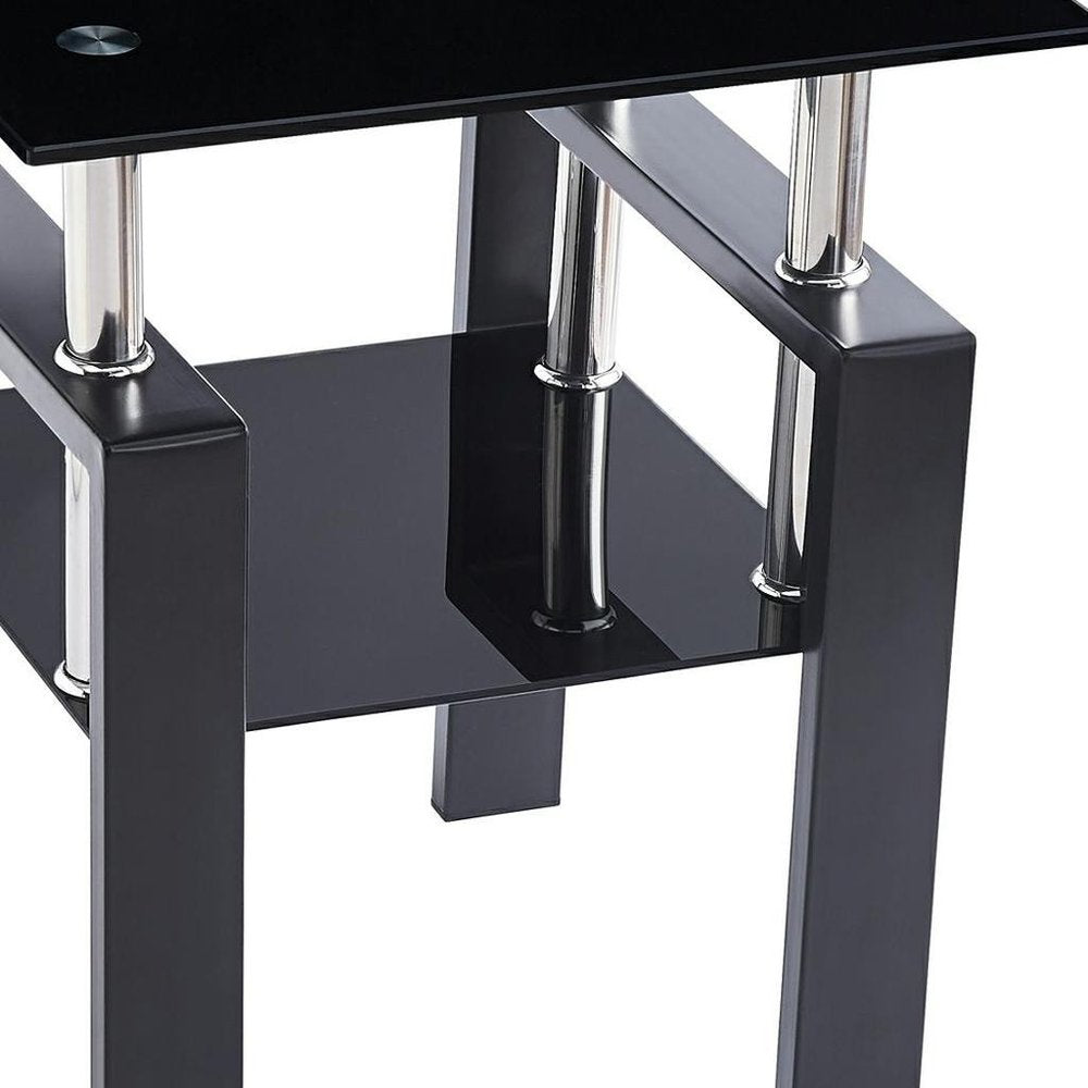 Set of Two Black Glass and Steel Square End Tables With Shelf on a white background