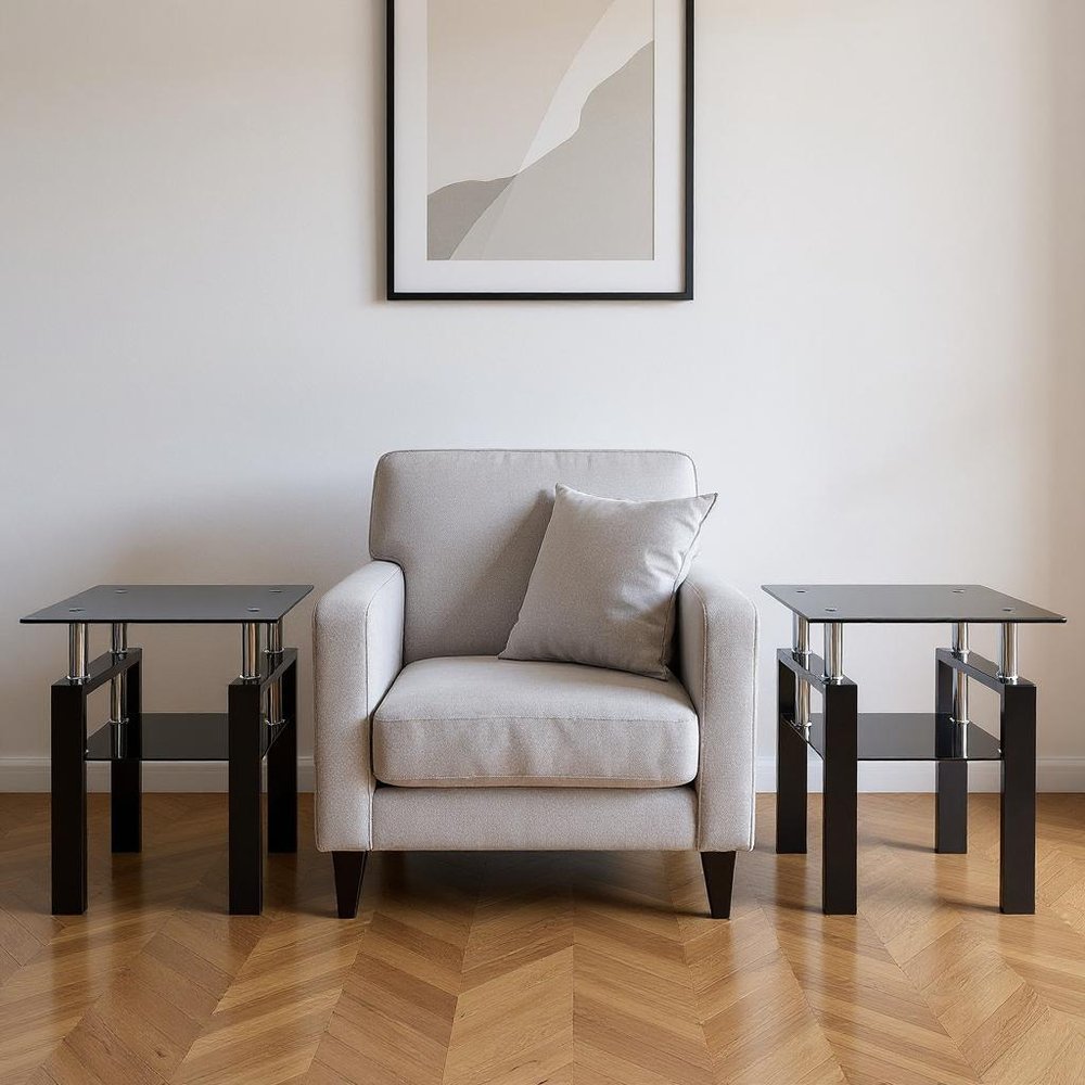 Set of Two Black Glass and Steel Square End Tables With Shelf in a home interior