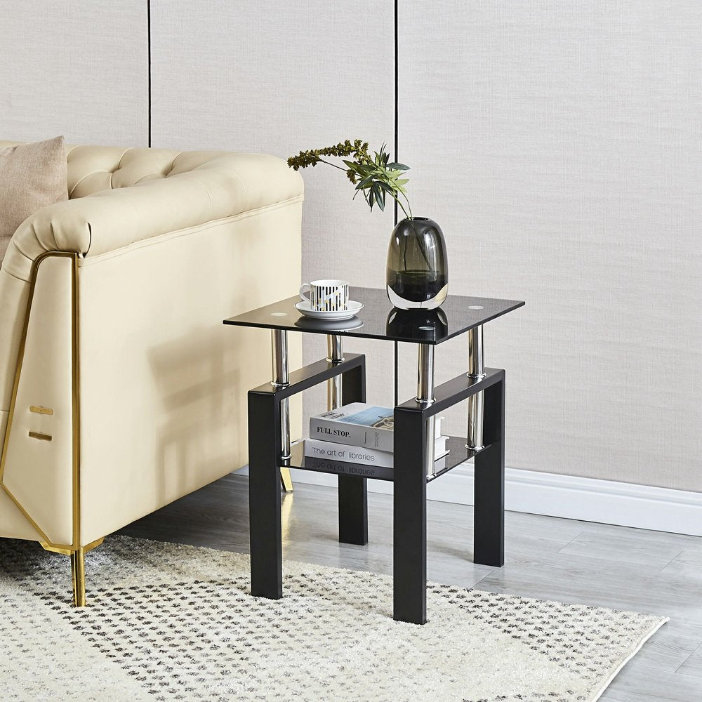 Set of Two Black Glass and Steel Square End Tables With Shelf