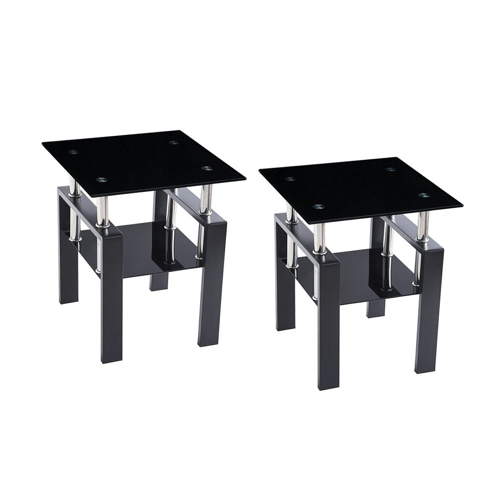 Set of Two Black Glass and Steel Square End Tables With Shelf