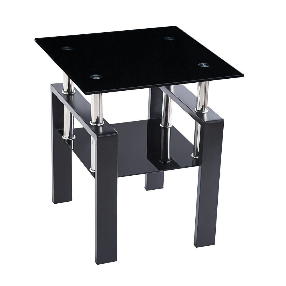 Set of Two Black Glass and Steel Square End Tables With Shelf