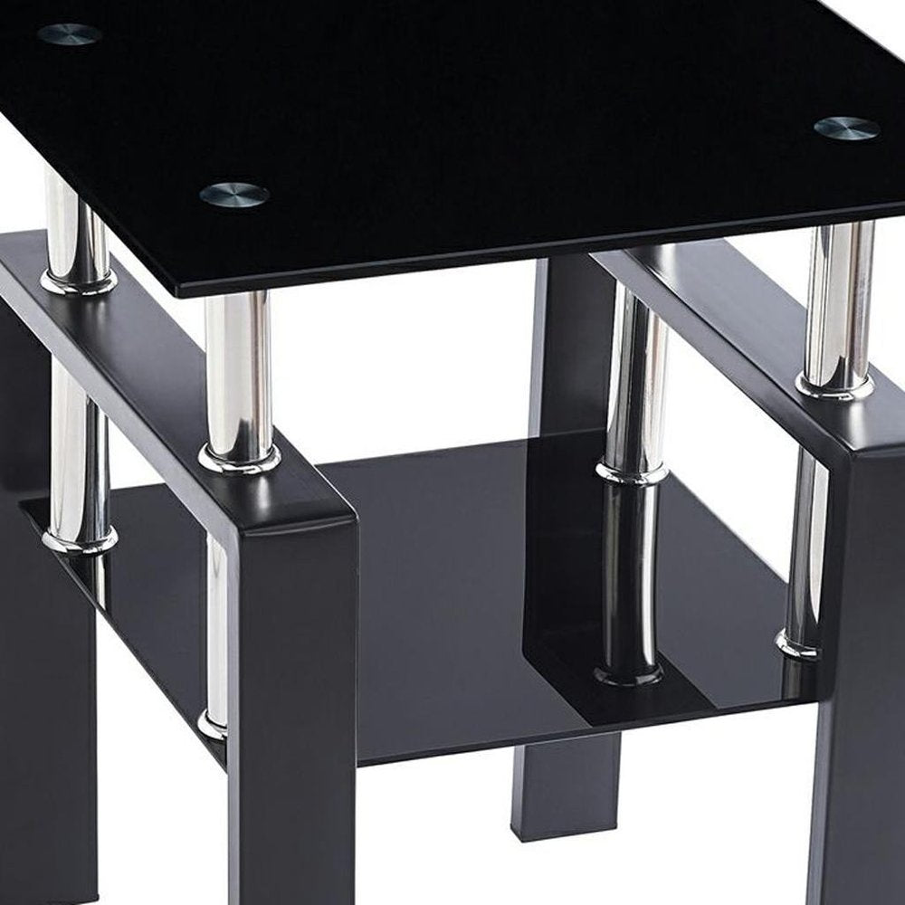 Set of Two Black Glass and Steel Square End Tables With Shelf