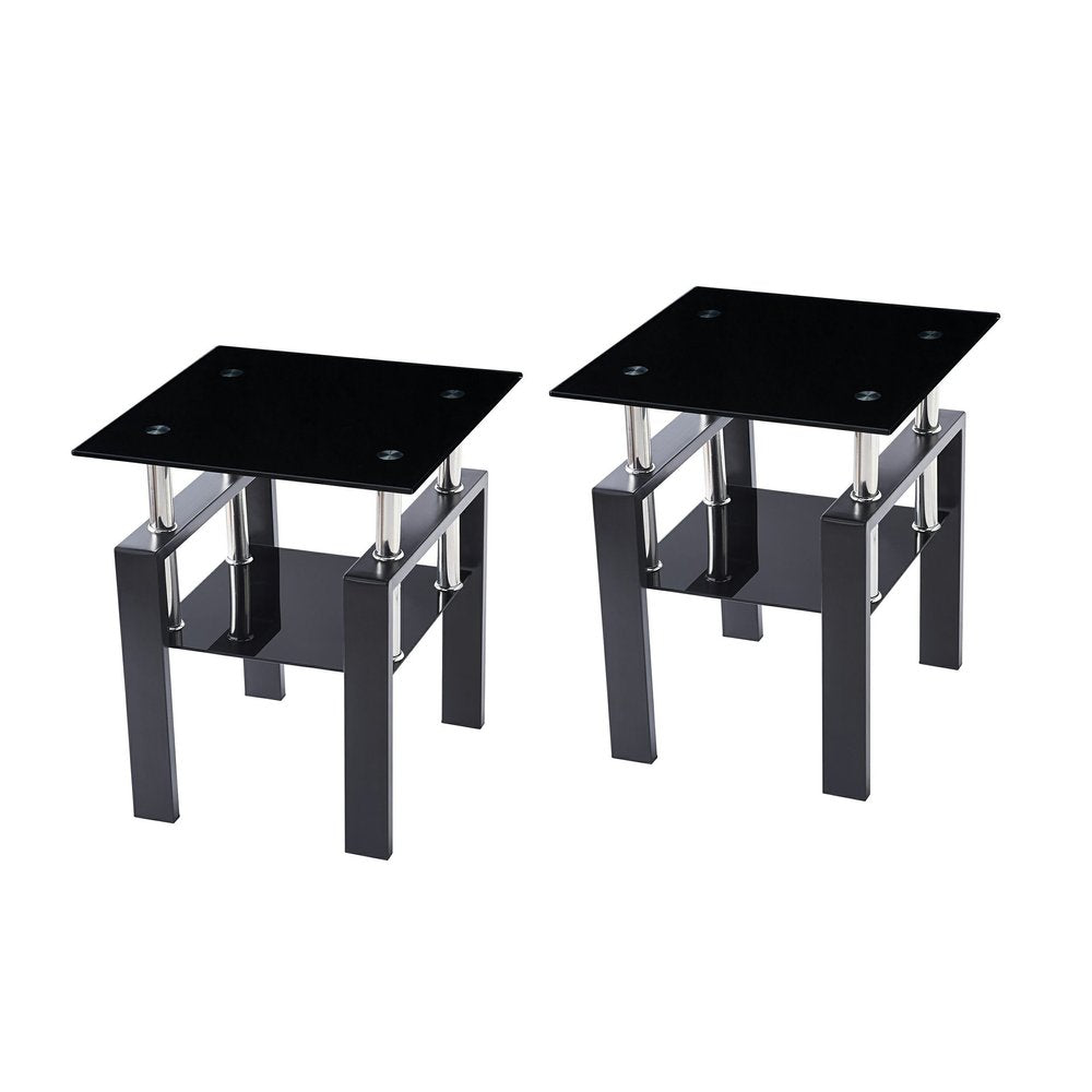 Set of Two Black Glass and Steel Square End Tables With Shelf on a white background