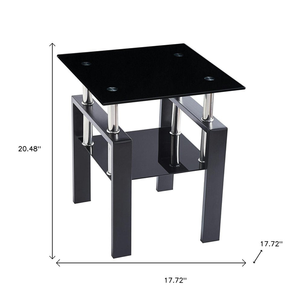 Set of Two Black Glass and Steel Square End Tables With Shelf on a white background