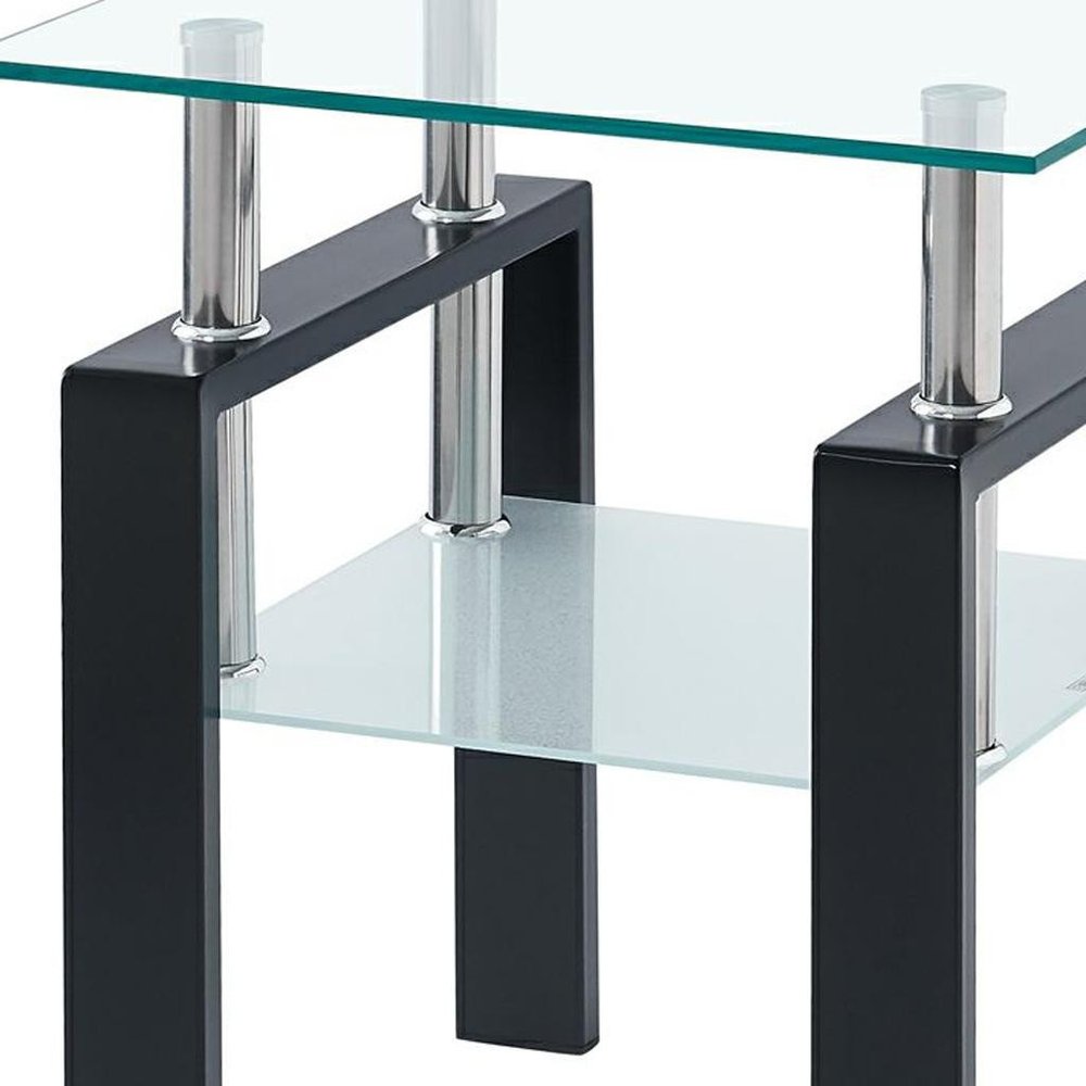 Set of Two Black Glass and Steel Square End Tables With Shelf on a white background