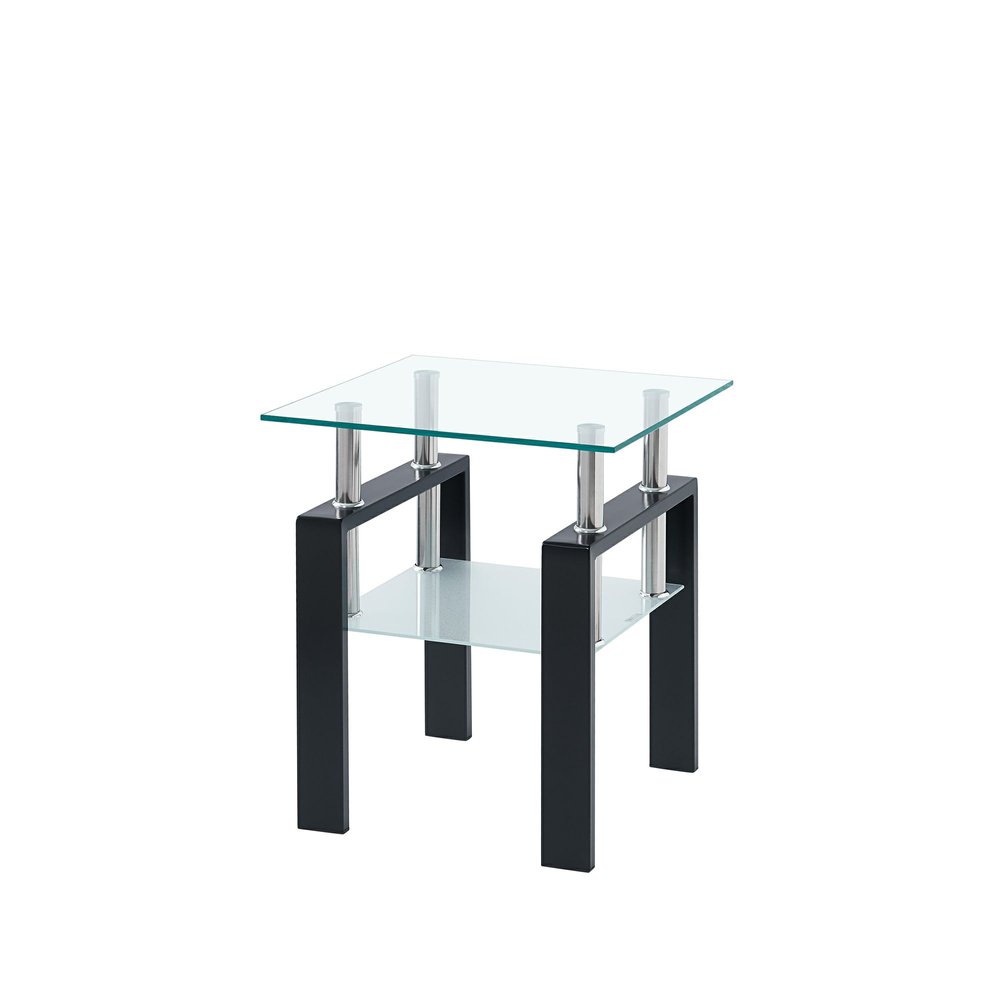 Set of Two Black Glass and Steel Square End Tables With Shelf