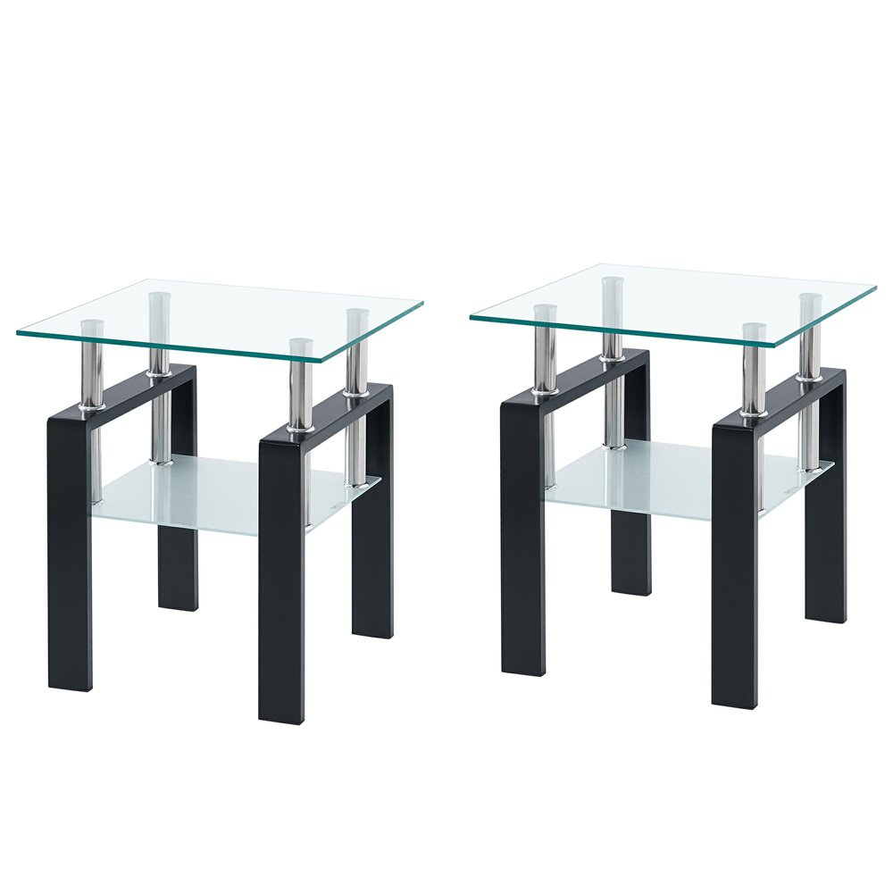 Set of Two Black Glass and Steel Square End Tables With Shelf on a white background
