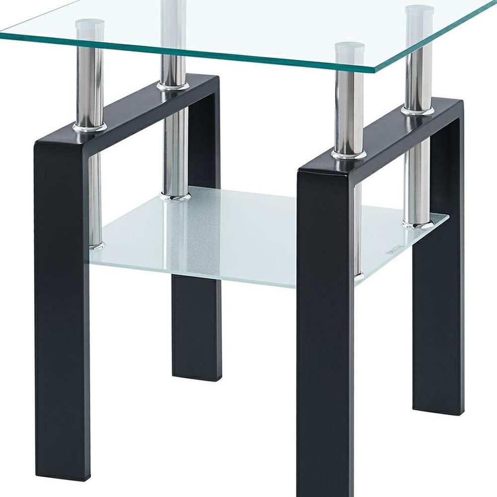 Set of Two Black Glass and Steel Square End Tables With Shelf on a white background