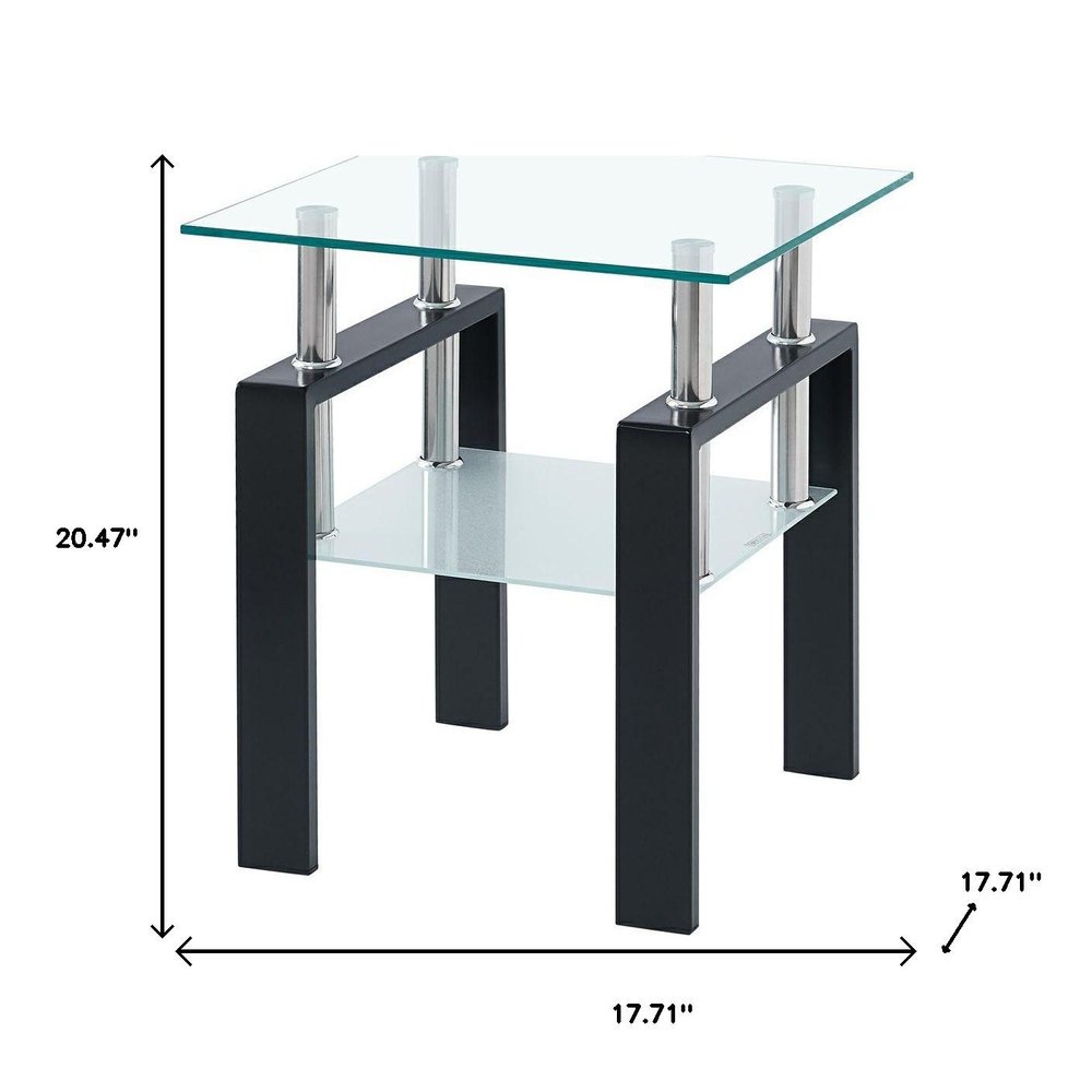 Set of Two Black Glass and Steel Square End Tables With Shelf on a white background