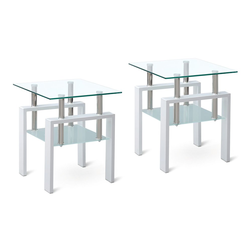 Set of Two Black Glass and Steel Square End Tables With Shelf