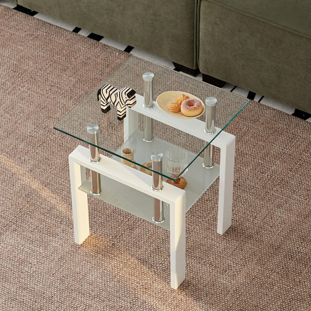 Set of Two Black Glass and Steel Square End Tables With Shelf