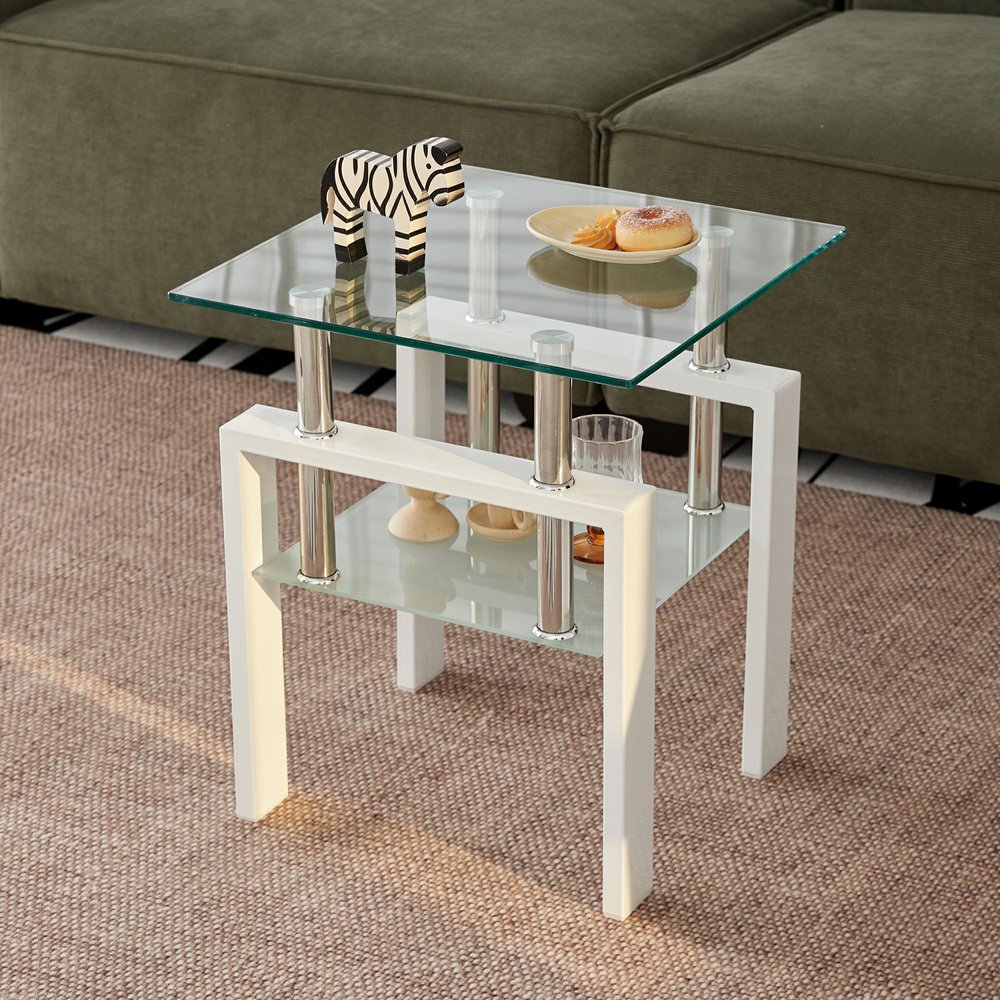Set of Two Black Glass and Steel Square End Tables With Shelf