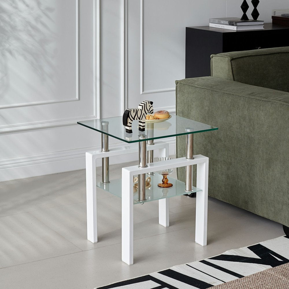 Set of Two Black Glass and Steel Square End Tables With Shelf