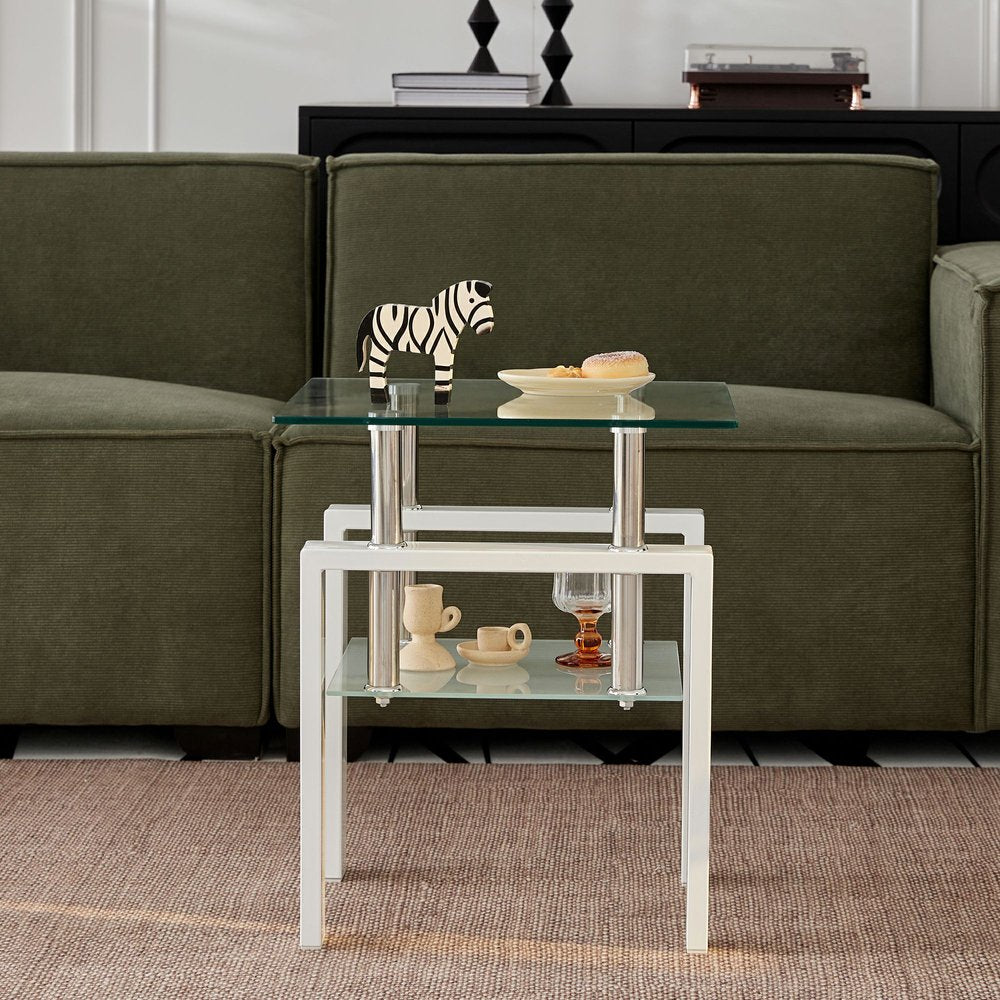 Set of Two Black Glass and Steel Square End Tables With Shelf