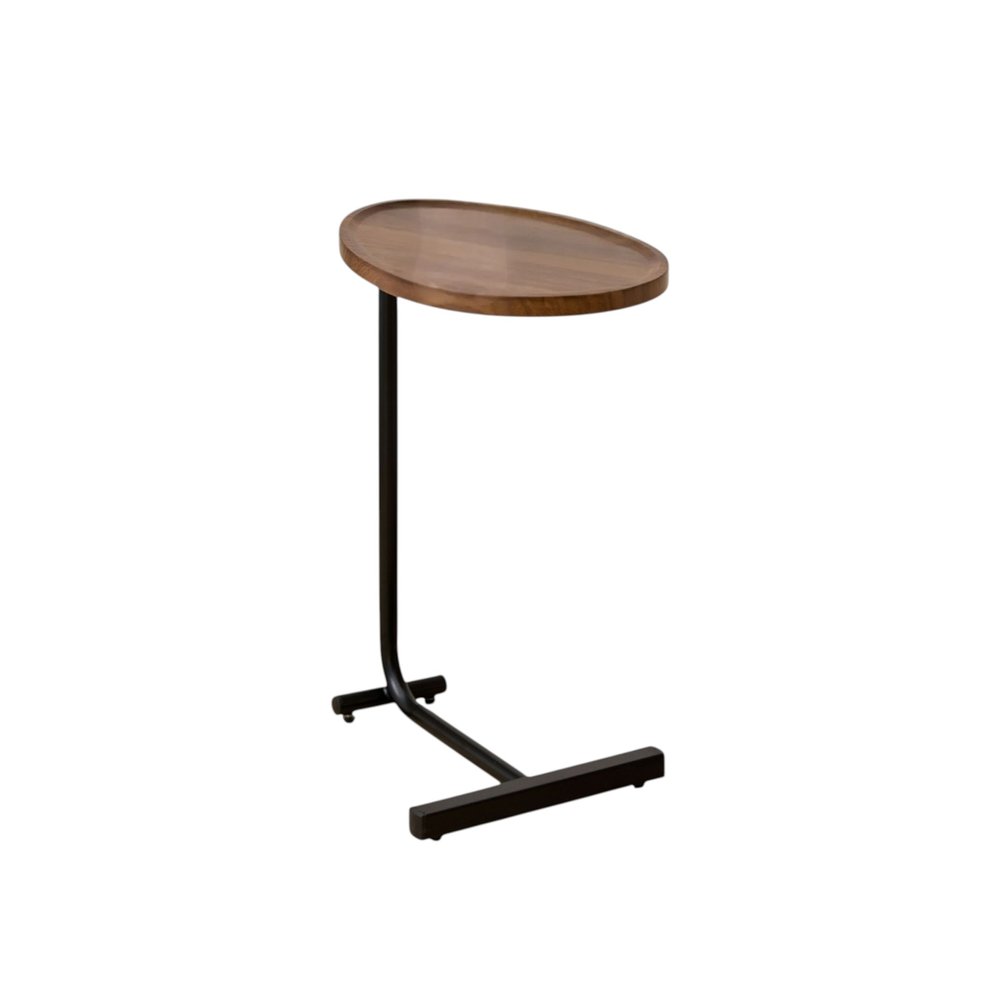 Set of Two Brown and Black Wood and Metal Oval End Tables on a white background