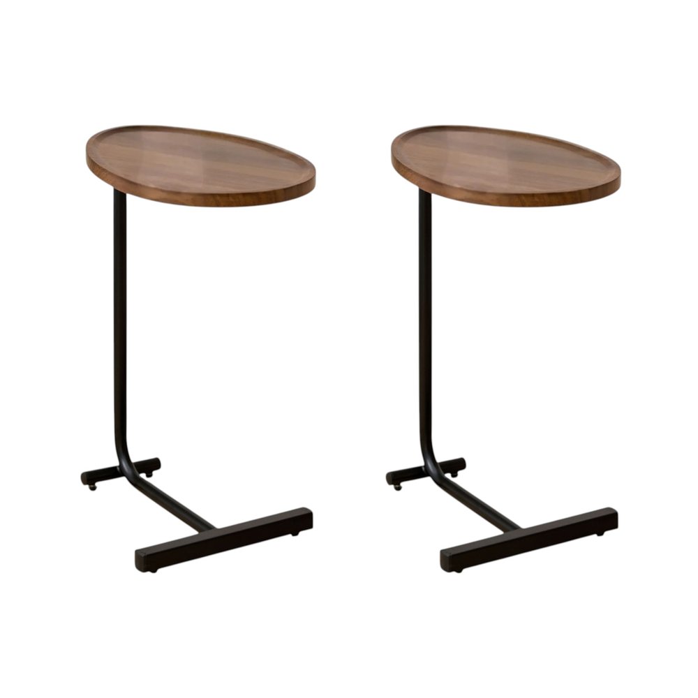 Set of Two Brown and Black Wood and Metal Oval End Tables on a white background